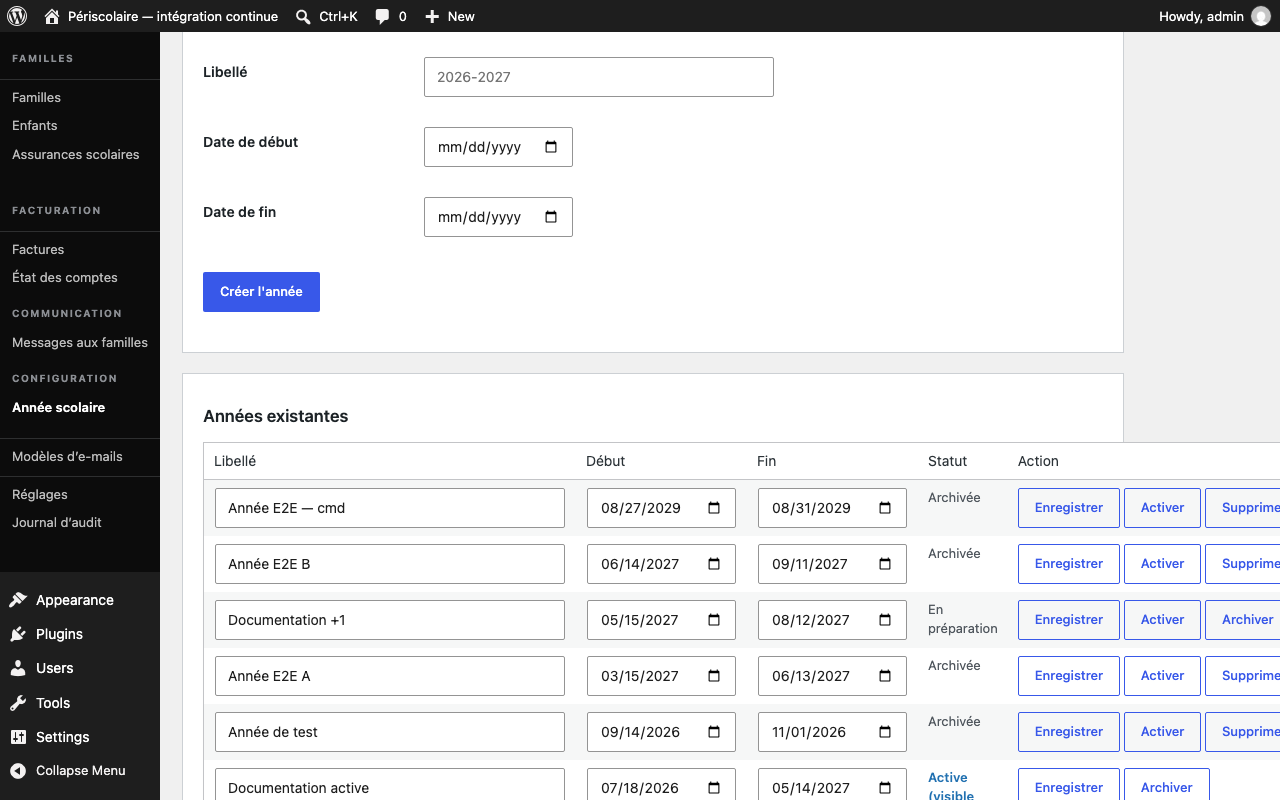 Tableau « Années existantes » affichant les libellés, dates, statuts et actions disponibles