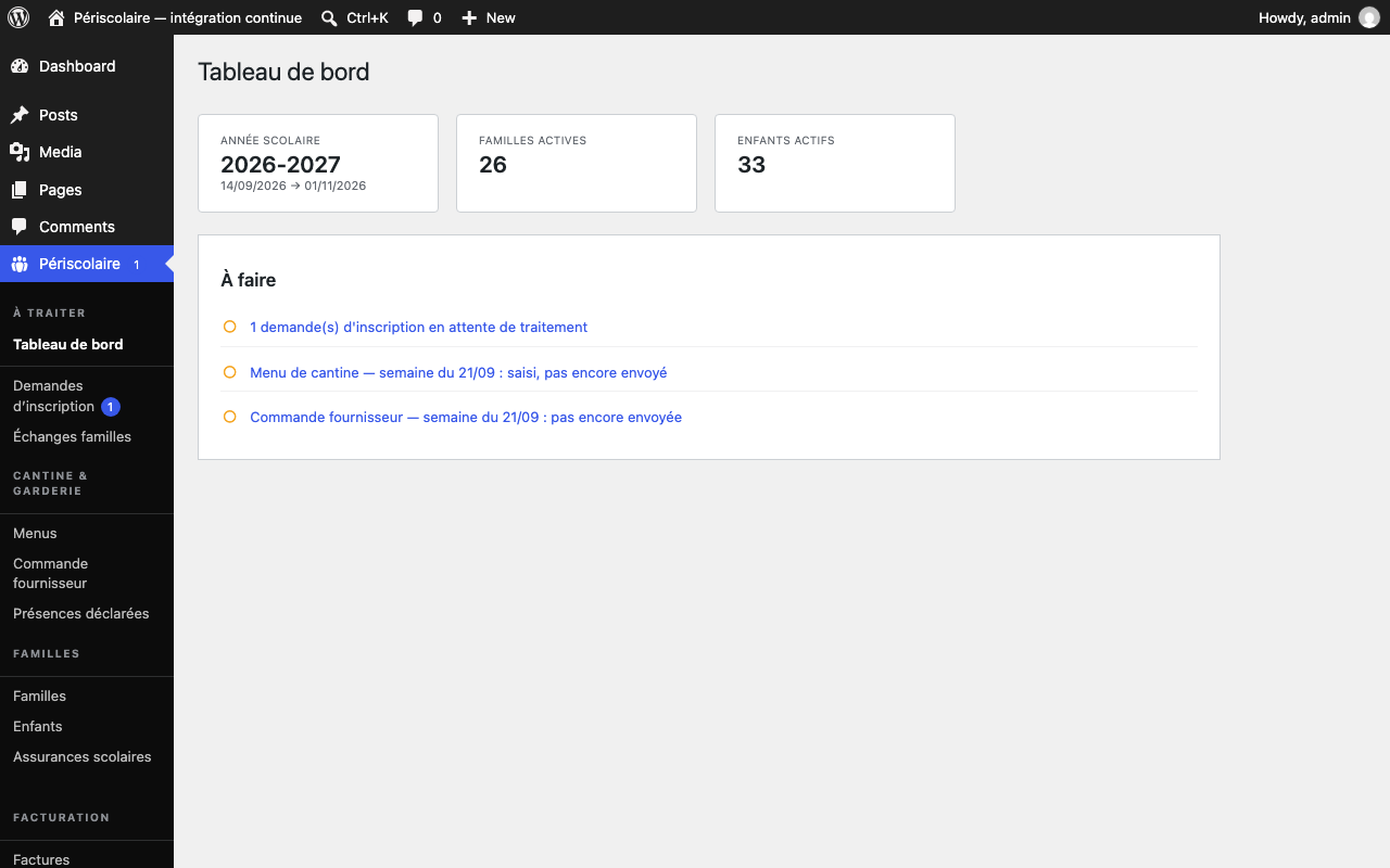 Rubrique « À faire » du tableau de bord avec les demandes d'inscription, le menu de cantine, la commande fournisseur et l'année scolaire