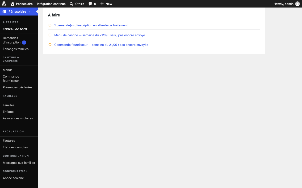 Sections du menu Périscolaire regroupant les écrans de configuration, de gestion quotidienne et de facturation