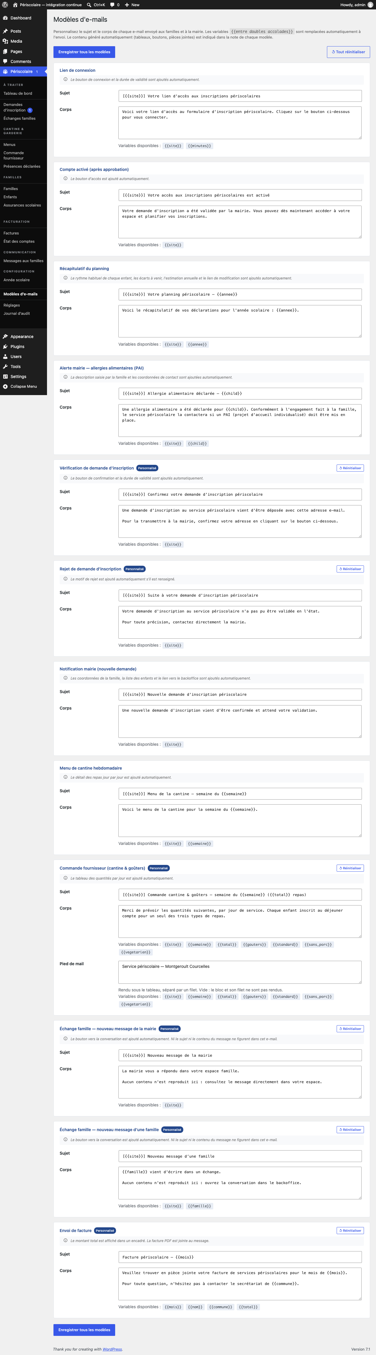 Liste des cartes de modèles d'e-mails avec les champs Sujet, Corps, variables et actions de réinitialisation