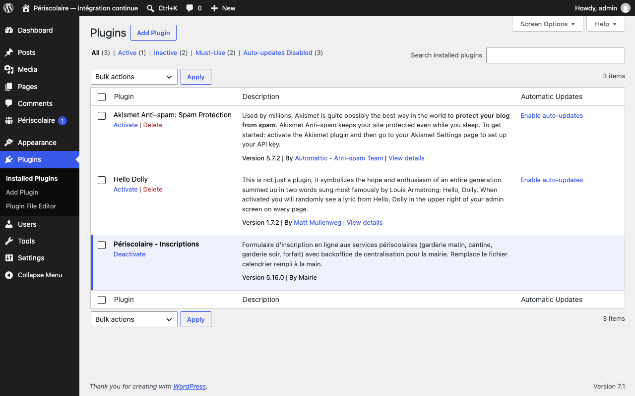Liste WordPress des extensions avec Périscolaire — Inscriptions et le lien Activer