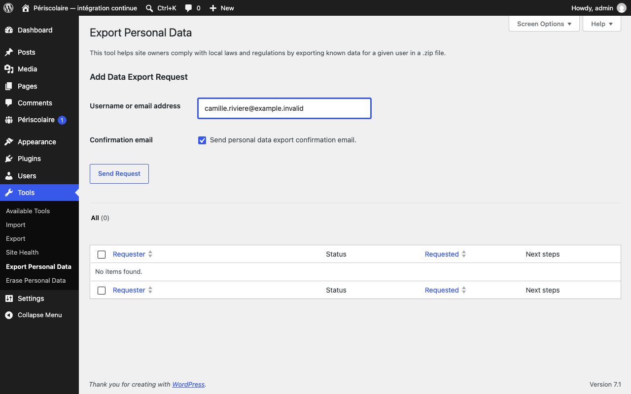 Outil WordPress « Exporter les données personnelles » avec le champ d'adresse e-mail et le bouton d'envoi de la demande